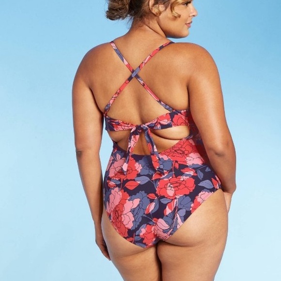 Navy and Coral Floral Convertible Strapless One Piece Swim suit - Picture 4 of 12